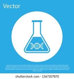 Blue DNA research, search icon isolated on blue background. Genetic engineering, genetics testing, cloning, paternity testing. White circle button. Flat design. Vector Illustration