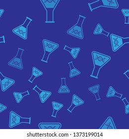 Blue DNA research, search icon isolated seamless pattern on blue background. Genetic engineering, genetics testing, cloning, paternity testing. Vector Illustration