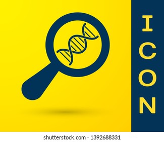 Blue DNA research, search icon isolated on yellow background. Magnifying glass and dna chain. Genetic engineering, cloning, paternity testing. Vector Illustration