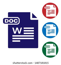 Blue DOC file document. Download doc button icon isolated on white background. DOC file extension symbol. Set color icons in circle buttons. Vector Illustration