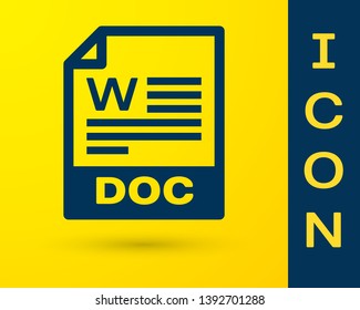 Blue DOC file document icon. Download doc button icon isolated on yellow background. DOC file extension symbol. Vector Illustration