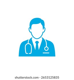 Blue doctor icon with stethoscope on white background for medical concepts. Symbolizes healthcare, professional service, and medical expertise for hospital and clinics.