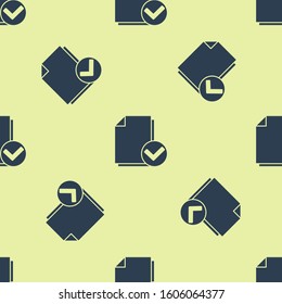 Blue Document and check mark icon isolated seamless pattern on yellow background. Checklist icon. Business concept.  Vector Illustration
