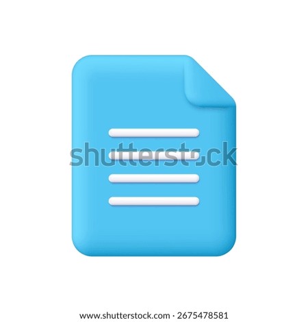 Blue document icon with folded corner and text lines. Business, finance, education, office, digital document, text file and report concept. 3d vector icon. Cartoon minimal style.