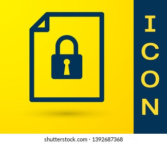 Blue Document and lock icon isolated on yellow background. File format and padlock. Security, safety, protection concept. Vector Illustration