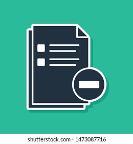 Blue Document with minus icon isolated on green background. Clear document. Remove file document. Delete information file.  Vector Illustration