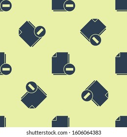 Blue Document with minus icon isolated seamless pattern on yellow background. Clear document. Remove file document. Delete information file.  Vector Illustration
