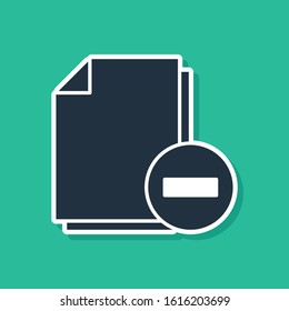 Blue Document with minus icon isolated on green background. Clear document. Remove file document. Delete information file.  Vector Illustration
