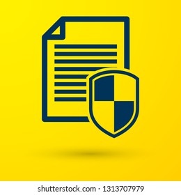 Blue Document protection concept icon on yellow background. Confidential information and privacy idea, secure data with paper doc roll and guard shield. Vector Illustration