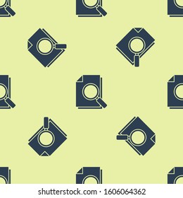 Blue Document with search icon isolated seamless pattern on yellow background. File and magnifying glass icon. Analytics research sign.  Vector Illustration