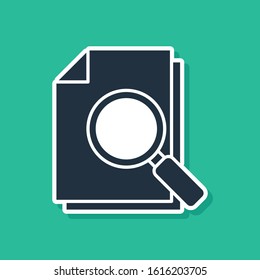 Blue Document with search icon isolated on green background. File and magnifying glass icon. Analytics research sign.  Vector Illustration