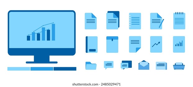 Blue Document Vektorgrafik Design, Business-Infografik in Flat Design zur Präsentation, Bericht. E-Mail, Dateisymbole, Ordner, Papier, Desktop, Blatt, Office-Illustration