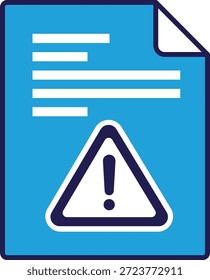Blue document with white text lines and warning triangle symbol alert attention