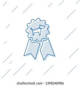 Blue Dog award symbol line icon isolated on white background. Medal with dog footprint as pets exhibition winner concept. Vector Illustration