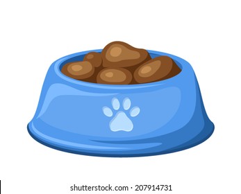 Blue dog bowl with feed isolated on a white background. Vector illustration.