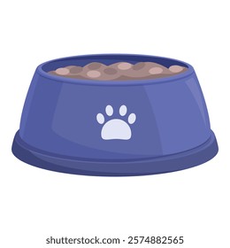 Blue dog bowl is full of dry food, ready for a hungry pet