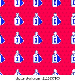Blue Dog collar with name tag and bone plaque icon isolated seamless pattern on red background. Supplies for domestic animal. Cat and dog care. Pet dog chains.  Vector
