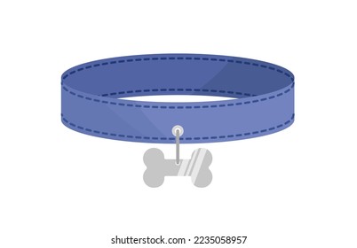 Blue dog collar with silver token in form of bone. Pet collar. Flat, cartoon. Isolated vector illustration eps 10