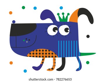 Blue dog, green tail. Style graphics with bright local colors.