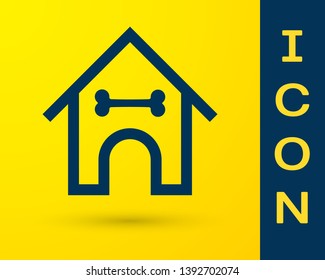 Blue Dog house and bone icon isolated on yellow background. Dog kennel. Vector Illustration