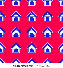 Blue Dog House Icon Isolated Seamless Pattern On Red Background. Dog Kennel.  Vector