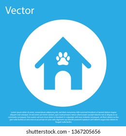 Blue Dog house and paw print pet icon isolated on blue background. Dog kennel. White circle button. Vector Illustration