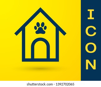 Blue Dog house and paw print pet icon isolated on yellow background. Dog kennel. Vector Illustration