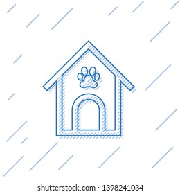 Blue Dog house and paw print pet line icon isolated on white background. Dog kennel. Vector Illustration