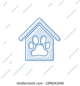 Blue Dog house and paw print pet line icon isolated on white background. Dog kennel. Vector Illustration