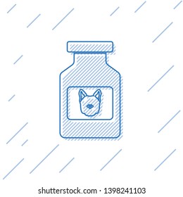 Blue Dog medicine bottle line icon isolated on white background. Container with pills. Prescription medicine for animal. Vector Illustration
