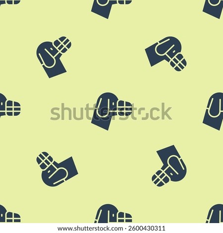 Blue Dog in muzzle icon isolated seamless pattern on yellow background. Accessory for dog.  Vector