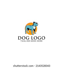 Blue dog on orange circle minimalist pet logo vector illustration