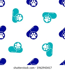 Blue Dog pill icon isolated seamless pattern on white background. Prescription medicine for animal.  Vector