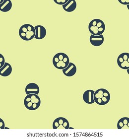 Blue Dog and pills icon isolated seamless pattern on yellow background. Prescription medicine for animal.  Vector Illustration