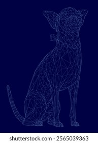 Blue dog is sitting on a blue background. The dog is looking up at the camera. The image has a calm and peaceful mood