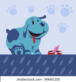 blue dog in blue spots sitting in front of the bowl with sausage, tongue, vector