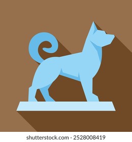 Estátua de cachorro azul sobre um pedestal, lançando uma longa sombra