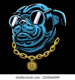 blue dog wearing glasses and gold necklace