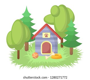 Blue doghouse on the background of trees. Dog toys, pets. Cartoon style, children's print