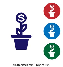 Blue Dollar plant in the pot icon isolated on white background. Business investment growth concept. Money savings and investment. Vector Illustration