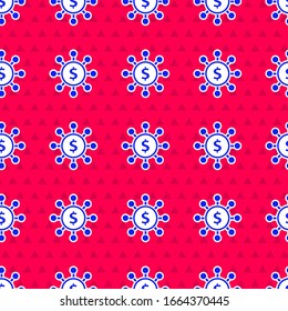 Dólar azul, compartir, icono de red aislado sin fisuras en el fondo rojo. Ilustración vectorial