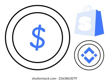 Blue dollar sign in large circle and shopping bag with white S. Ideal for finance, cryptocurrency, e-commerce, online shopping, digital transactions. Simple and modern style