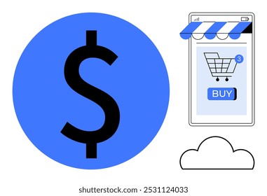 Blue dollar sign and smartphone screen with shopping cart and buy button. Cloud icon. Ideal for e-commerce, online payments, digital marketing, mobile shopping, financial services. Minimalist, modern