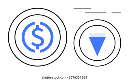 Blue dollar sign within a circle and an inverted triangle with a horizontal stripe mirror each other against a white background. Ideal for finance, currency, economy, business, and financial