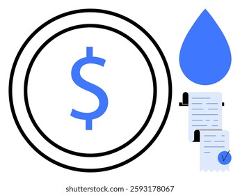 A blue dollar sign within a circle, a blue water droplet, and two documents with checkmarks. Ideal for finance, water conservation, bill payments, environmental awareness, and investment themes