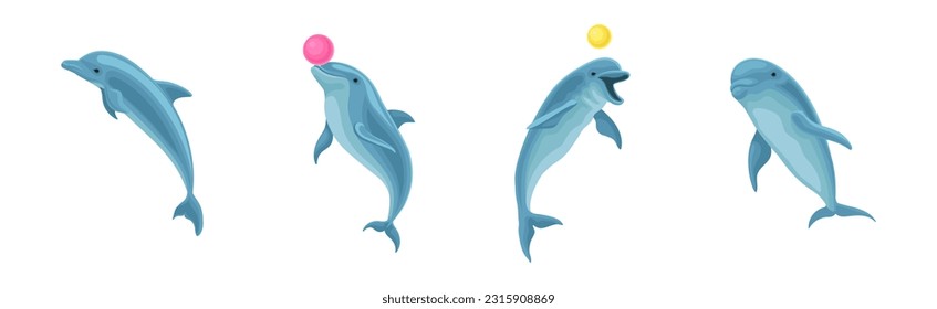 Blue Dolphin as Aquatic Mammal with Streamlined Body and Flippers Playing Ball Vector Set