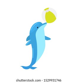 Blue dolphin with a ball. Vector illustration isolated on white background
