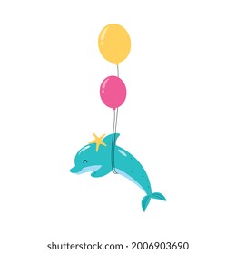 Blue Dolphin with Balloons as Underwater Sea Animal Vector Illustration