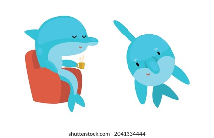 Blue Dolphin Character Floating and Drinking Tea in Armchair Vector Set