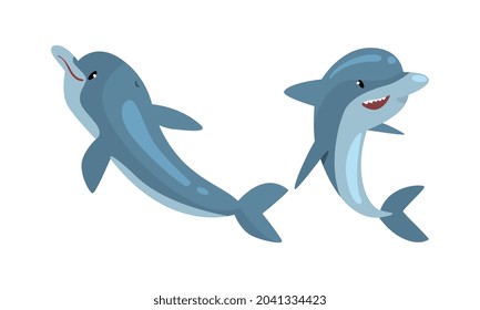Blue Dolphin Character Swimming and Floating Deep in the Ocean Vector Set